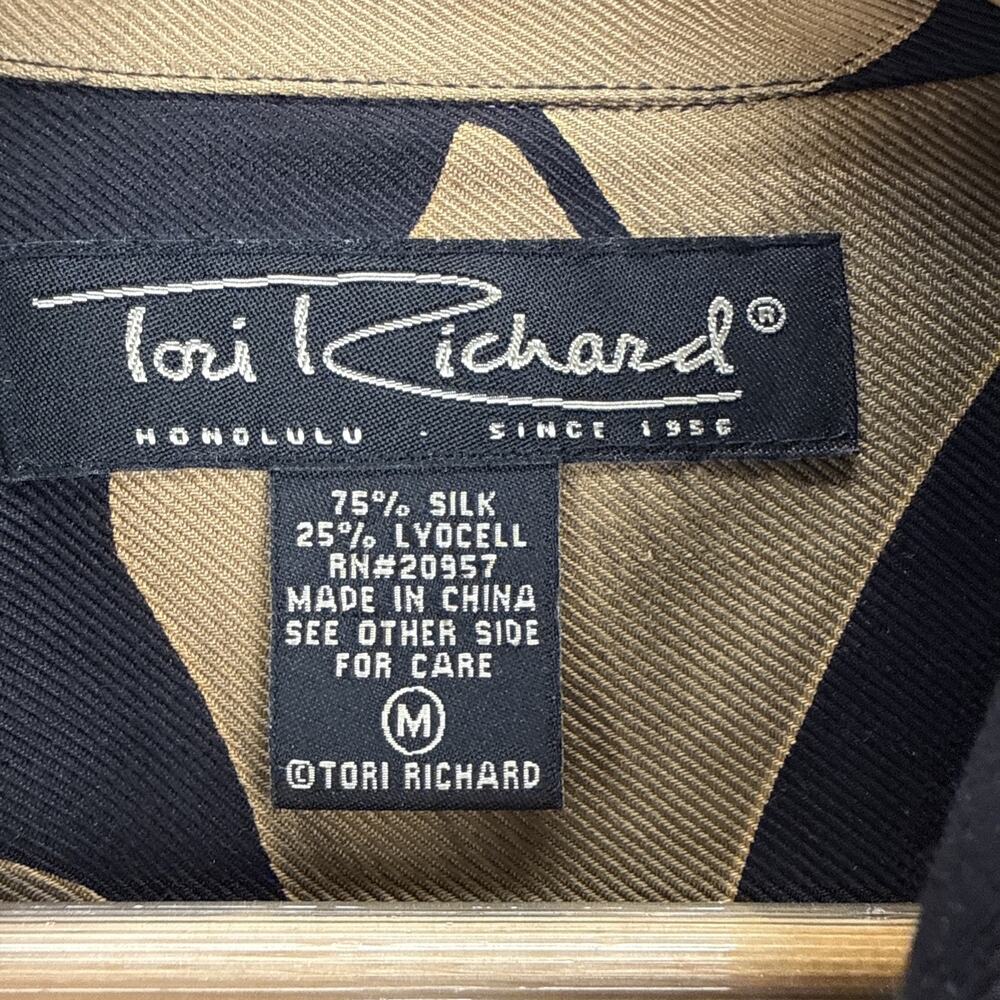 Tori Richard Men Tropical Leaf Print Silk Hawaiian Shirt Size M Black Tan Resort - Picture 3 of 5